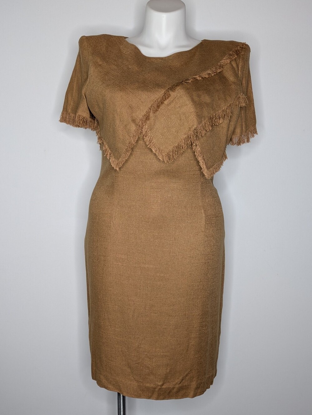 Vintage Beau David Brown Tan Woven Unique Short Sleeve Dress 14